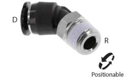 Łącznik kolanowy wkręcany 45 stopni z gwintem stożkowym, 6mm, R 1-8'', mini - wymiary