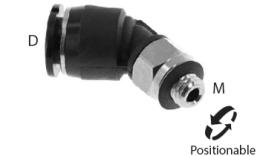 Kolano wkręcane 45 stopni z O-ringiem, 6mm, M5, mini - wymiary