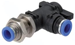 Knee ball valve with push-in connection bulkhead feed-through