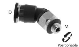 Kolano wkręcane 45 stopni z O-ringiem, 4mm, M5, mini - wymiary