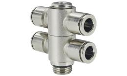 T push-in clutch 4-way, banjo bolt, Nickel-plated brass