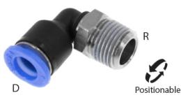 Knie push-in inschroefkoppeling conische draad, 6mm, R 1-8'', mini - afmetingen Knie push-in inschroefkoppeling conische draad, 6mm, R 1-8'', mini - afmetingen