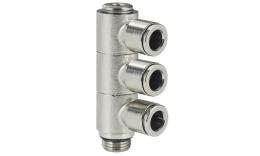 Compact knee plug-in coupling (3-way) and banjo bolt, Nickel-plated brass