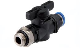 Shut-off valves with cylindrical external thread and plug connection as standard