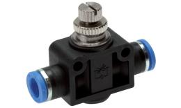 One-way flow control, push in fitting