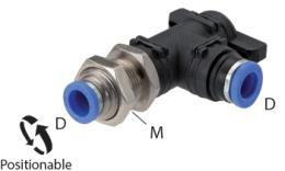 Knee ball valve with push-in connection bulkhead passage - dimensions